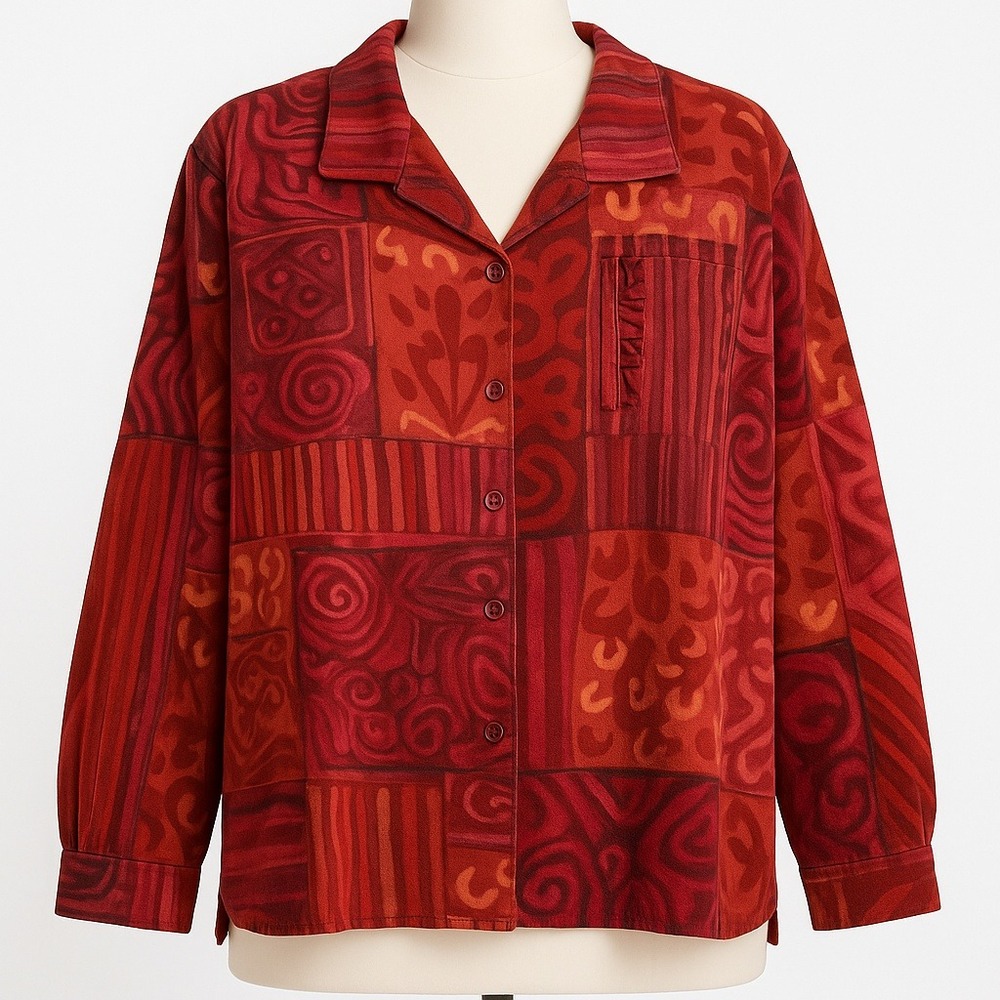 Abstract Print Patchwork Button Shirt Heavyweight… - image 1